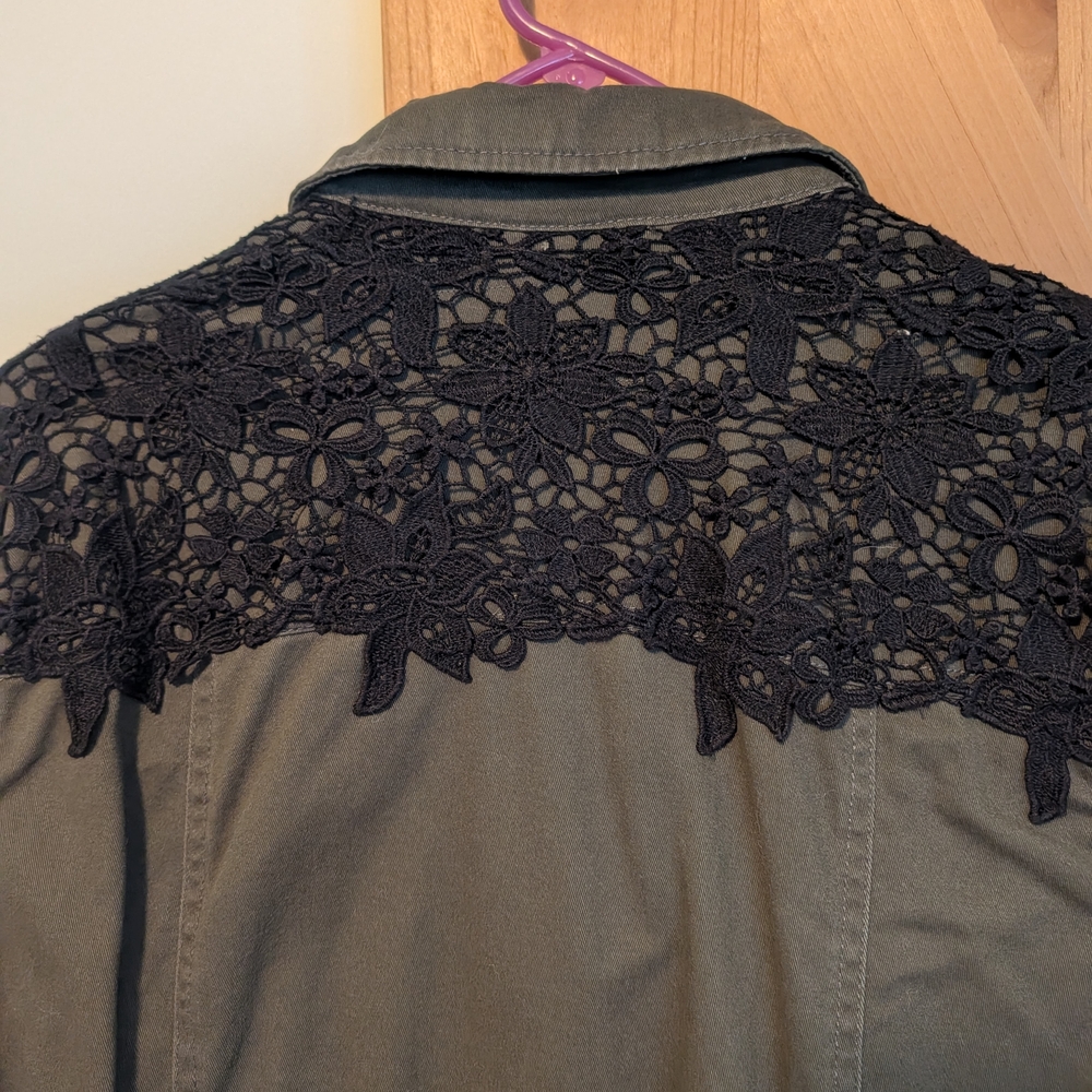 Exibit Women's Olive Green Jacket with Black Lace Detail - Picture 4 of 5